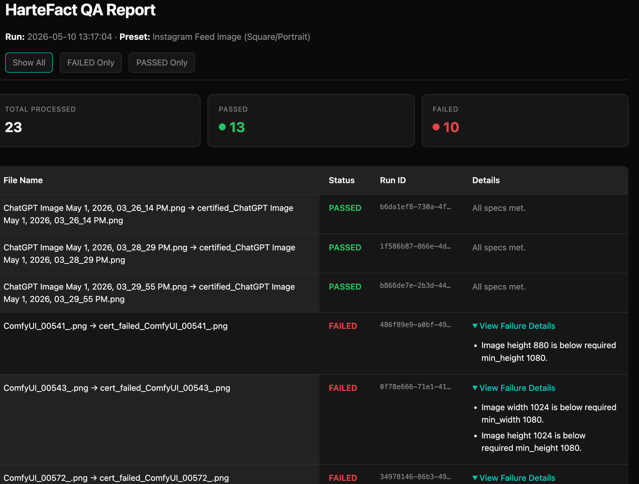 Hartefact QA Report showing batch results with pass/fail breakdown and filter controls