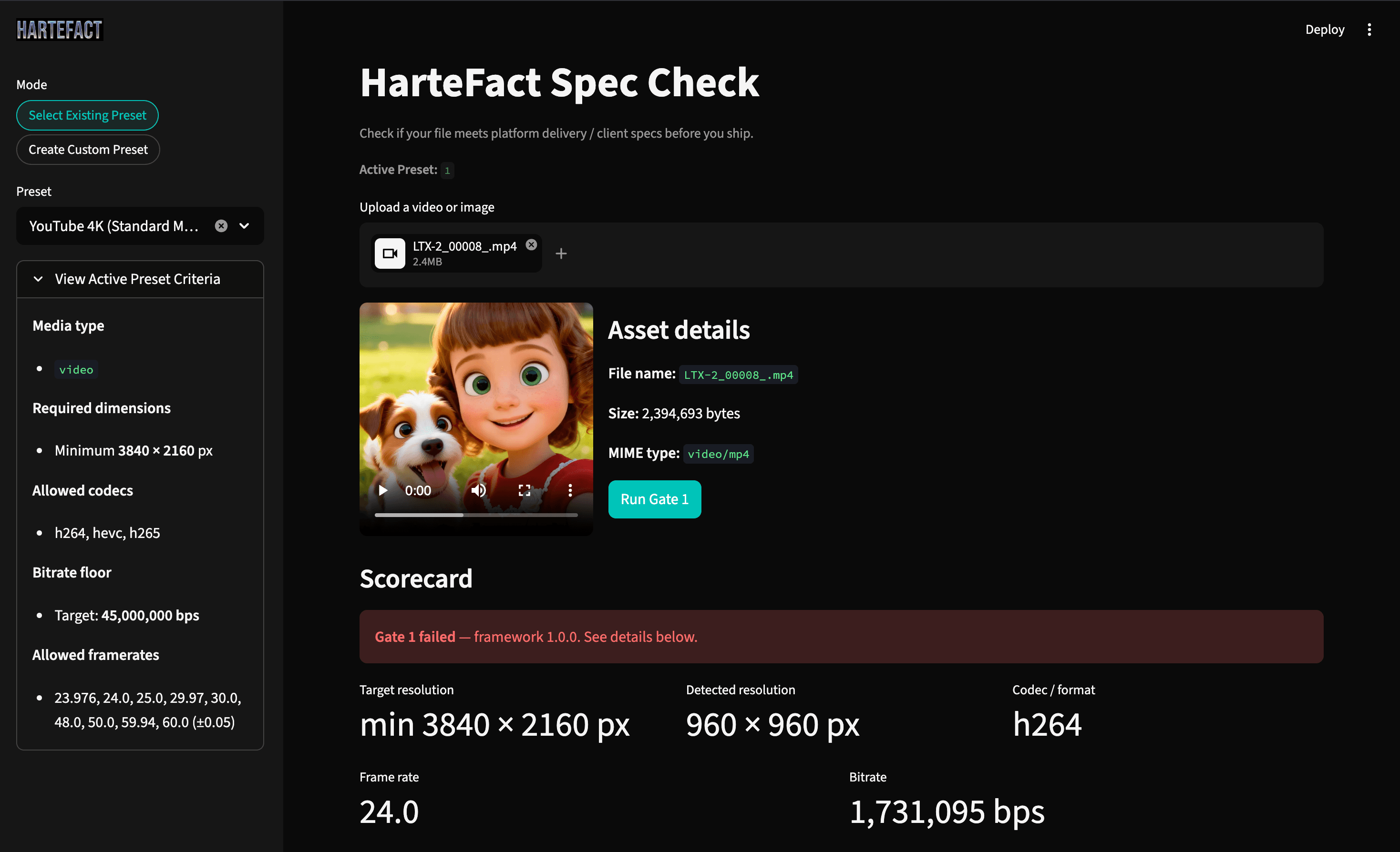 HarteFact Spec Check showing a failed Gate 1 scorecard